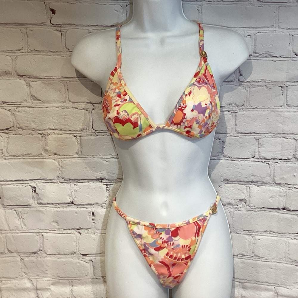 VALENTINO THONG 2 PC BIKINI SET FLORAL GOLD TONE LOGO EMBLEMS EUR 44 US SZ 8